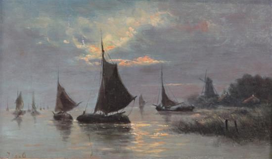 19th C English School Barges off the coast at sunset 7 x 11.5in.